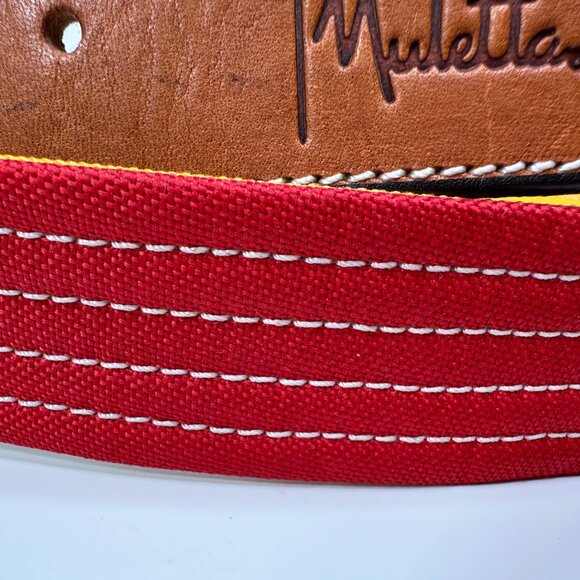 Muletta Men 34 Red Yellow Canvas Brown Leather Belt - Picture 4 of 6